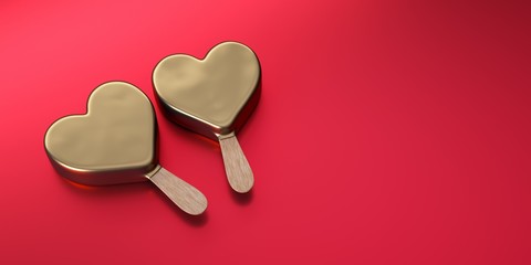 Valentine's Day, two gold ice creams with a heart shape (redbackground)