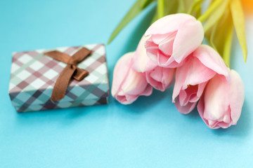 Pink tulips on the blue background with gift box. Flat lay, top view. Valentines background