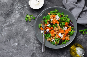 Healthy Vegetarian Salad, Roasted Pumpkin and Chickpea Salad in a Bowl