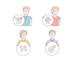 People hand drawn style. Set of Timer, Business portfolio and Quiz test icons. Target sign. Stopwatch, Job interview, Interview. Targeting.  Character hold circle button. Man with like hand. Vector