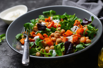 Healthy Vegetarian Salad, Roasted Pumpkin and Chickpea Salad in a Bowl