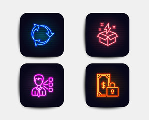 Neon set of Recycle, Third party and Creative idea icons. Private payment sign. Recycling waste, Team leader, Lightning. Secure finance. Neon icons. Glowing light banners. Vector
