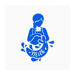 Milk logo with girl and jug. Logo for dairy company. Vector illustration girl pouring milk. Blue label for natural farm products. Sign for agricultural company. Agro company logo