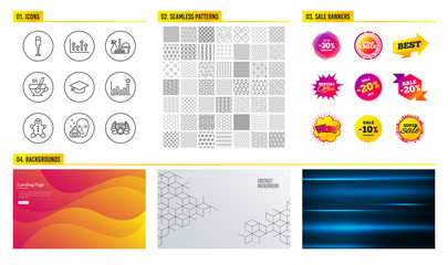 Seamless pattern. Shopping mall banners. Set of Tea cup, Upper arrows and Face cream icons. Efficacy, Gingerbread man and Graduation cap signs. Vector