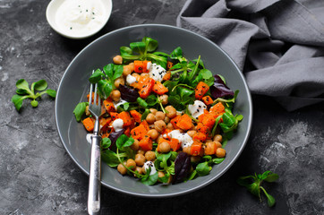 Healthy Vegetarian Salad, Roasted Pumpkin and Chickpea Salad in a Bowl