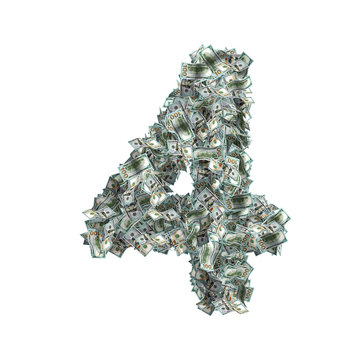 The Number 4 made from new 100 Dollar bills - 3D Rendering 