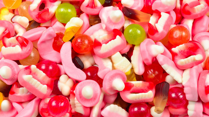 Assorted gummy candies. Top view. Jelly  sweets.