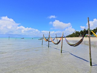 Vacation on the paradise. Fantastic beach scene. Relax in the beach's hammock. Travel scene. Vacation scene. Tropical scene.