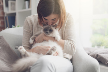 Woman petting her beautiful cat at home