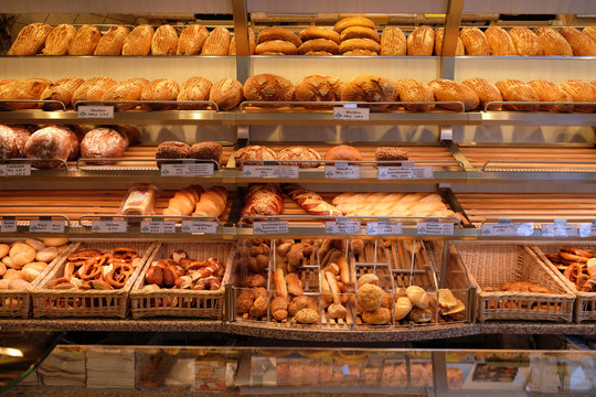 Modern bakery with different kinds of bread, cakes and buns in Rosenberg, Germany 