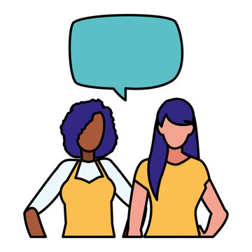 couple of girls interracial characters with speech bubbles