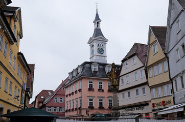 Old town hall and market fountain with sculpture of Emperor Josef I in Aalen, Germany 