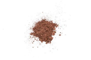 Makeup cosmetics. Eyeshadow in brown color crushed palette, colorful eye shadow powder on white background