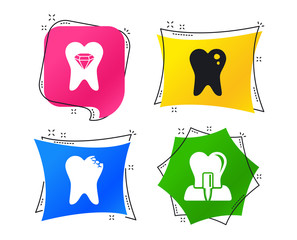 Dental care icons. Caries tooth sign. Tooth endosseous implant symbol. Tooth crystal jewellery. Geometric colorful tags. Banners with flat icons. Trendy design. Vector
