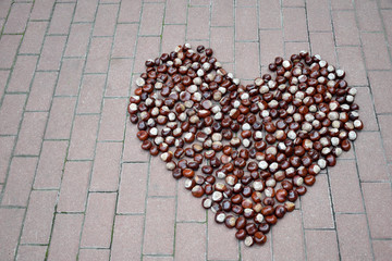 Сhestnuts are laid out in the form of heart on the сobbled stone Valentine's Day February 14th
