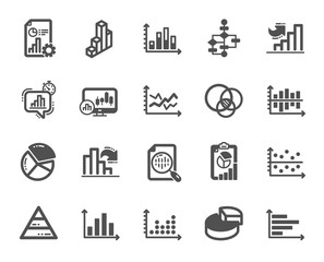 Charts and Diagrams icons. Report, 3D Chart, Block diagram and Dot Plot graph icons. Trend, Pyramid and Pie chart report symbols. Presentation infochart, process flow diagram. Quality design element