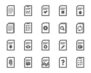 Document Management icons. Set of Report, Checklist and Copy icons. Download file, Remove and Attach clip symbols. Search, Edit management document and Corrupt report file. Checklist copy. Vector