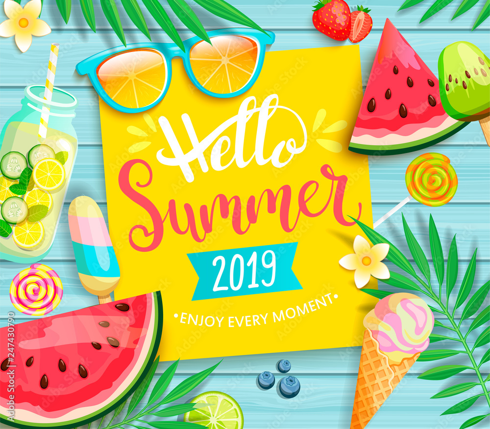 Wall mural Hello summer 2019 yellow card or banner with handdrawn lettering on blue wooden background with watermelon, detox, ice, ice cream,sunglasses and candy, blueberry. Vector Illustration.