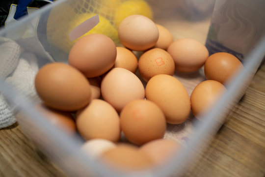 Close up view of raw chicken eggs in egg box