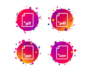 Download document icons. File extensions symbols. PDF, GIF, CSV and PPT presentation signs. Gradient circle buttons with icons. Random dots design. Vector