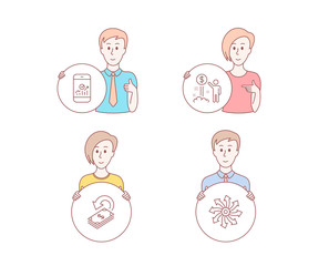 People hand drawn style. Set of Income money, Cashback and Smartphone statistics icons. Versatile sign. Wealth, Financial transfer, Mobile business. Multifunction.  Character hold circle button