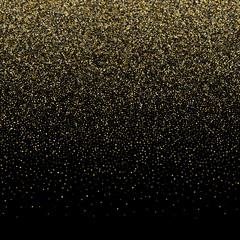 Gold sparkles glitter dust metallic confetti on black vector background.