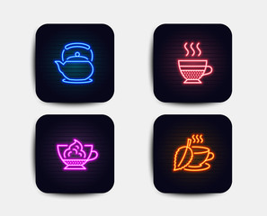 Neon glow lights. Set of Teapot, Espresso cream and Cafe creme icons. Mint tea sign. Tea kettle, Cafe con panna, Hot coffee. Mentha beverage.  Neon icons. Glowing light banners. Vector