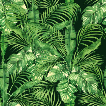 Watercolor painting coconut,banana,palm leaf,green leave seamless pattern background.Watercolor hand drawn illustration tropical exotic leaf prints for wallpaper,textile Hawaii aloha jungle style.