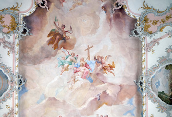 Our Lady of Sorrows with angels and Saints, fresco on the ceiling of the Maria Vesperbild Church in Ziemetshausen, Germany