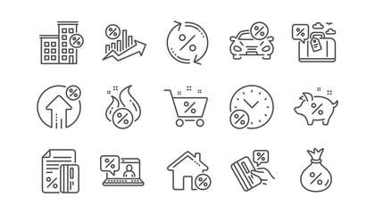 Loan line icons. Investment, Interest rate and Percentage diagram. Car leasing linear icon set.  Vector
