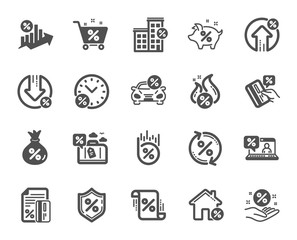 Loan icons. Set of Investment, Interest rate and Percentage diagram icons. Car leasing, analytics plan, Credit card percent and loan rate. Bank mortgage, leasing, interest graph. Vector