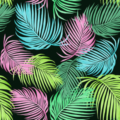 Watercolor painting colorful coconut,palm leaf,green leave seamless pattern background.Watercolor hand drawn illustration tropical exotic leaf prints for wallpaper,textile Hawaii aloha jungle style.