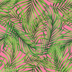 Naklejka na ściany i meble Watercolor painting coconut,palm leaf,green leave seamless pattern background.Watercolor hand drawn illustration tropical exotic leaf prints for wallpaper,textile Hawaii aloha jungle style pattern.