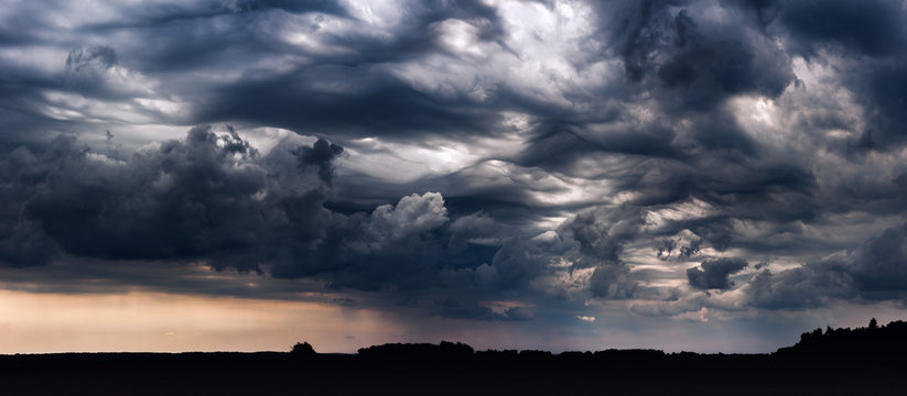 Panoramic image of storm clouds with asperitas clouds