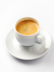 Cup of coffee isolated on white background. Close up. Copy space.