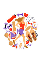 Fitness concept with running woman and sports equipment. Sport and healthy lifestyle. Vector flat illustration for print, postcard, advertise, invitation, poster, book, t-shirt.