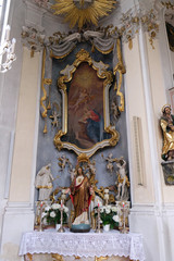 Fototapeta na wymiar Annunciation of the Virgin Mary, altar in Maria Vesperbild Church in Ziemetshausen, Germany