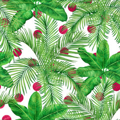 Watercolor painting tree coconut,palm leaf,green leave with pink polka dot seamless pattern background.Illustration tropical exotic leaf prints for wallpaper,textile Hawaii aloha jungle summer design.