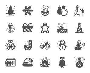 Christmas, New year icons. Santa hat, Gingerbread man and Gift box icons. Fireworks, Snowflake and christmas holly. Snowman, santa socks and Pine tree. New year ball, holiday calendar. Vector