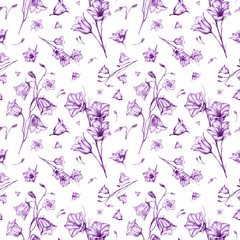 Hand drawn floral seamless pattern background with randomly located elegant violet bluebell flowers on white background