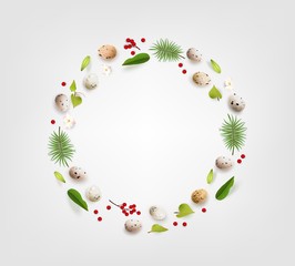 Easter wreath colorful realistic quail eggs flowers leaves berry Vector