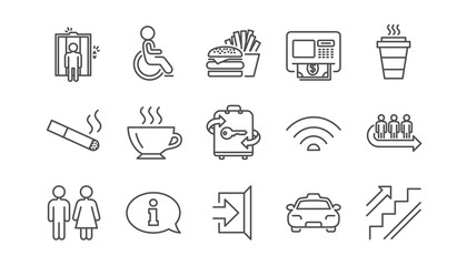 Public services line icons. Elevator, Taxi and Wifi internet. Fast food linear icon set.  Vector