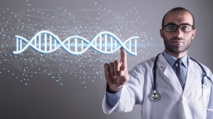 Doctor with spiral DNA molecules. Structure of the genetic code. Medicine concept