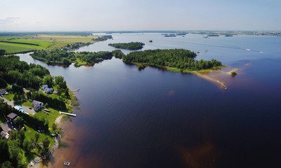 Fototapeta premium Aerial view of river mouth with small islands