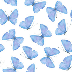 Seamless pattern with blue watercolor butterflies on white background.