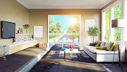 the asphalt road cross the living room.