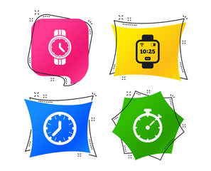 Smart watch icons. Mechanical clock time, Stopwatch timer symbols. Wrist digital watch sign. Geometric colorful tags. Banners with flat icons. Trendy design. Vector