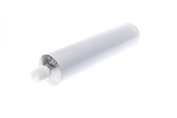 Close up of aluminum tube isolated on white background. Cosmetic or medicine gel.