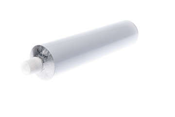 Close up of aluminum tube isolated on white background. Cosmetic or medicine gel.