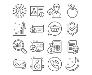 Set of Refresh mail, Finance calculator and Development plan icons. Certificate, Technical algorithm and Data analysis signs. Shopping cart, Speakers and Payment method symbols. Vector
